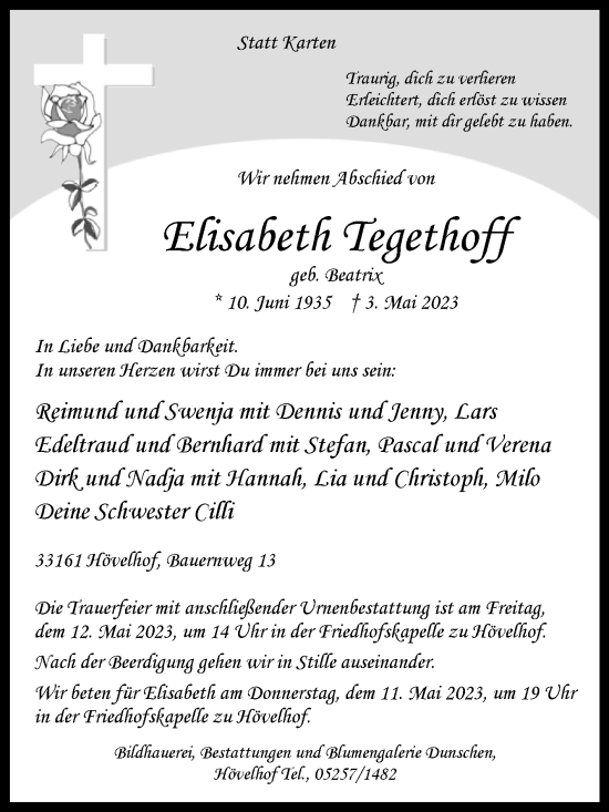 Traueranzeige von Elisabeth Tegethoff von Westfalen-Blatt