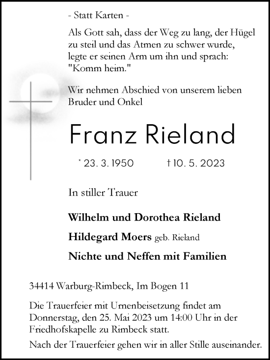 Traueranzeige von Franz Rieland von Westfalen-Blatt