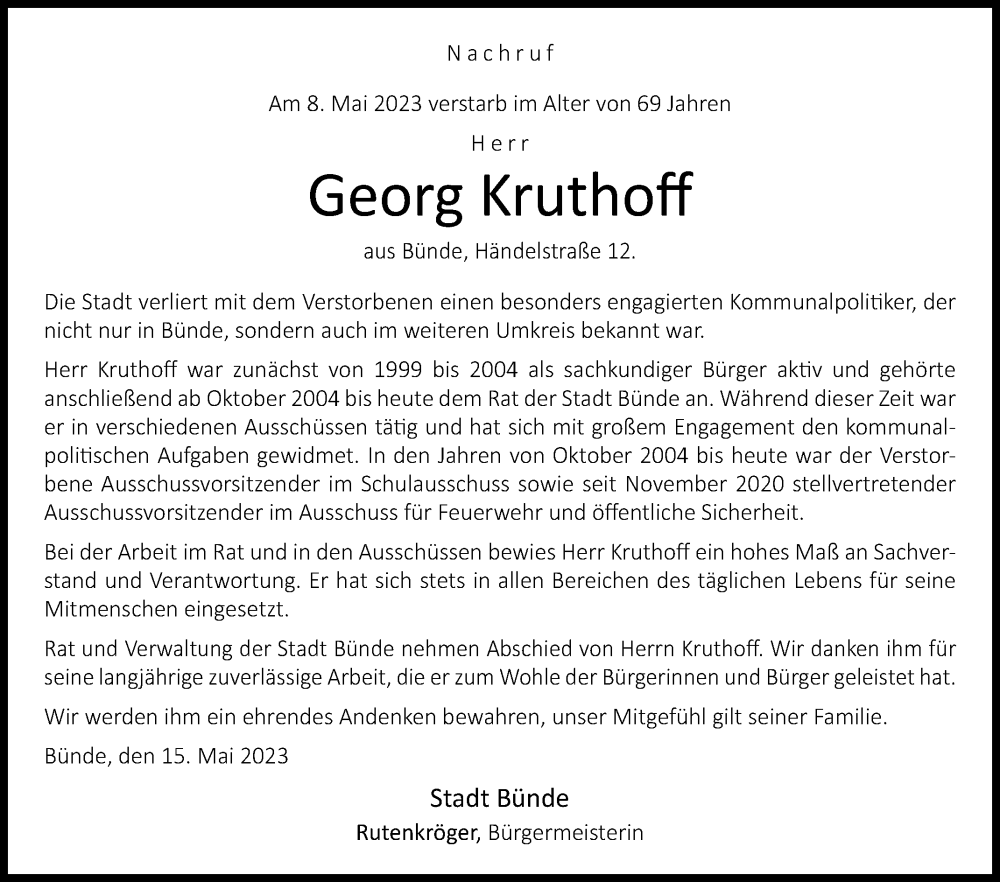  Traueranzeige für Georg Kruthoff vom 17.05.2023 aus Westfalen-Blatt