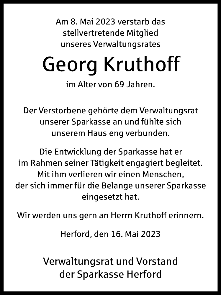  Traueranzeige für Georg Kruthoff vom 18.05.2023 aus Westfalen-Blatt