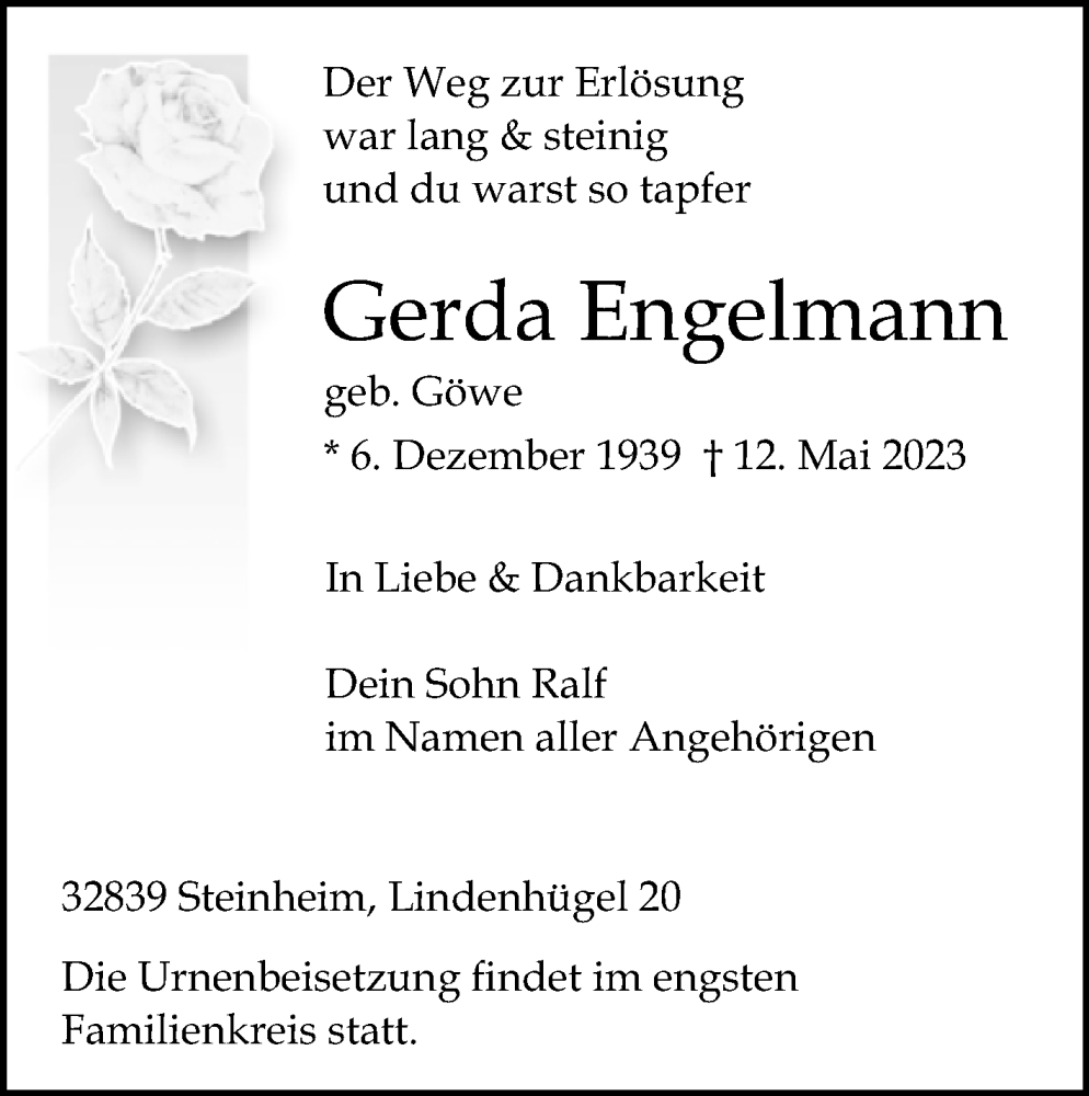  Traueranzeige für Gerda Engelmann vom 18.05.2023 aus Westfalen-Blatt