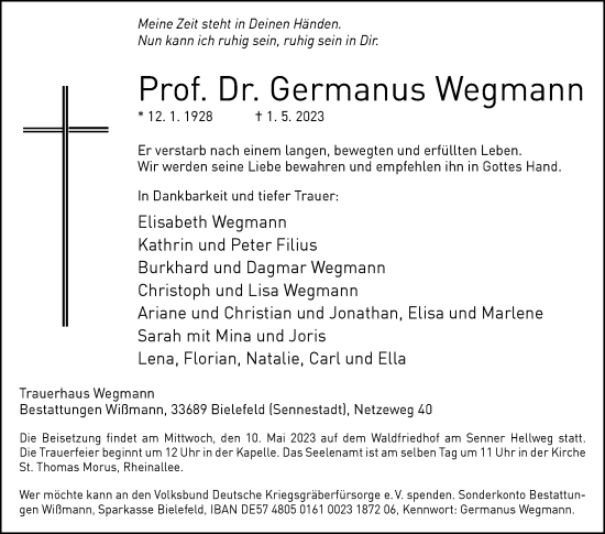 Traueranzeige von Germanus Wegmann von Westfalen-Blatt