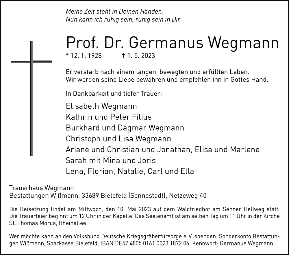  Traueranzeige für Germanus Wegmann vom 06.05.2023 aus Westfalen-Blatt