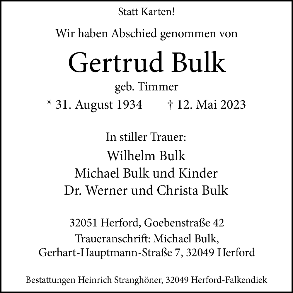  Traueranzeige für Gertrud Bulk vom 27.05.2023 aus Westfalen-Blatt