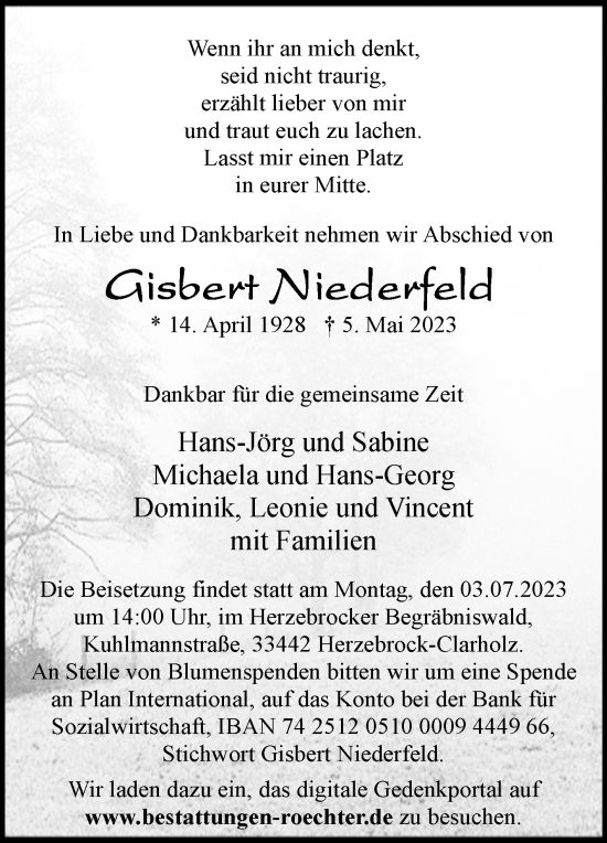 Traueranzeige von Gisbert Niederfeld von Westfalen-Blatt