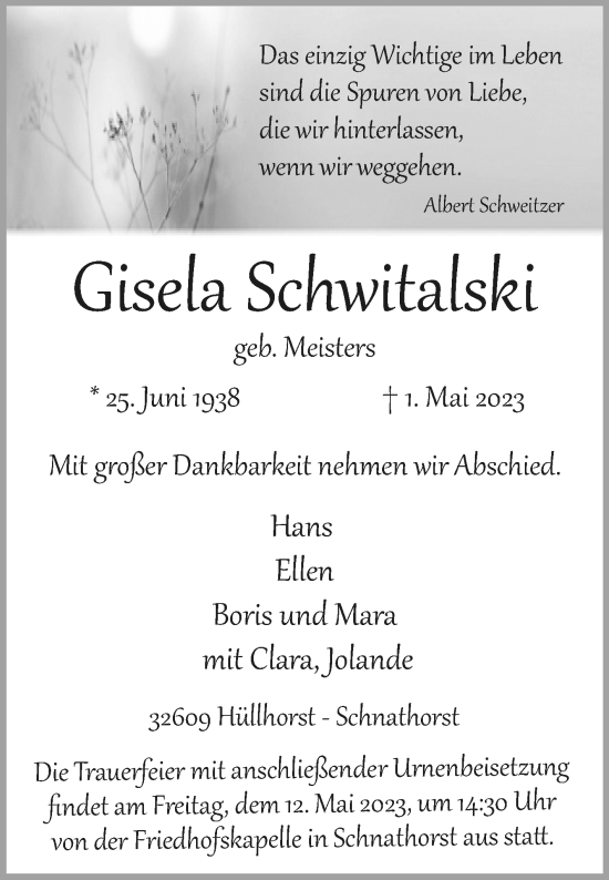 Traueranzeige von Gisela Schwitalski von Westfalen-Blatt