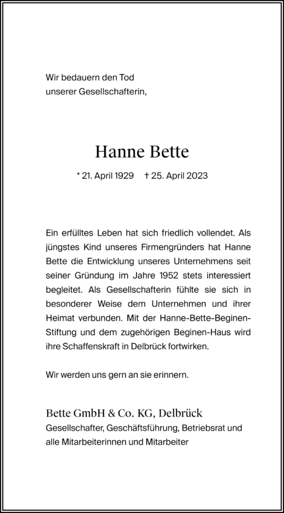  Traueranzeige für Hanne Bette vom 13.05.2023 aus Westfalen-Blatt