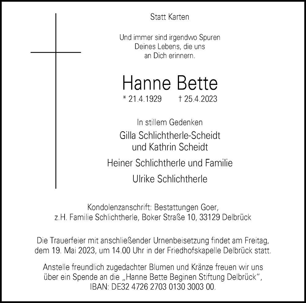  Traueranzeige für Hanne Bette vom 13.05.2023 aus Westfalen-Blatt