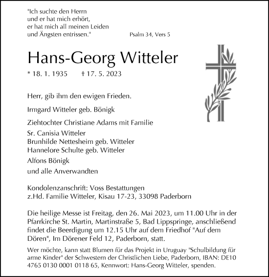 Traueranzeige von Hans-Georg Witteler von Westfalen-Blatt