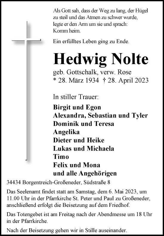 Traueranzeige von Hedwig Nolte von Westfalen-Blatt