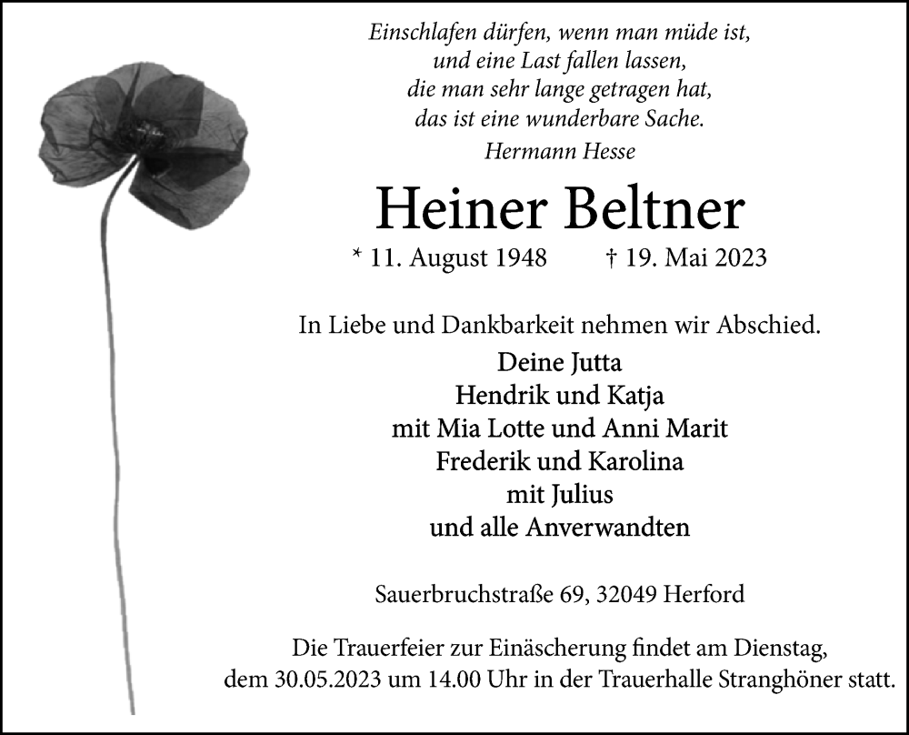  Traueranzeige für Heiner Beltner vom 23.05.2023 aus Westfalen-Blatt