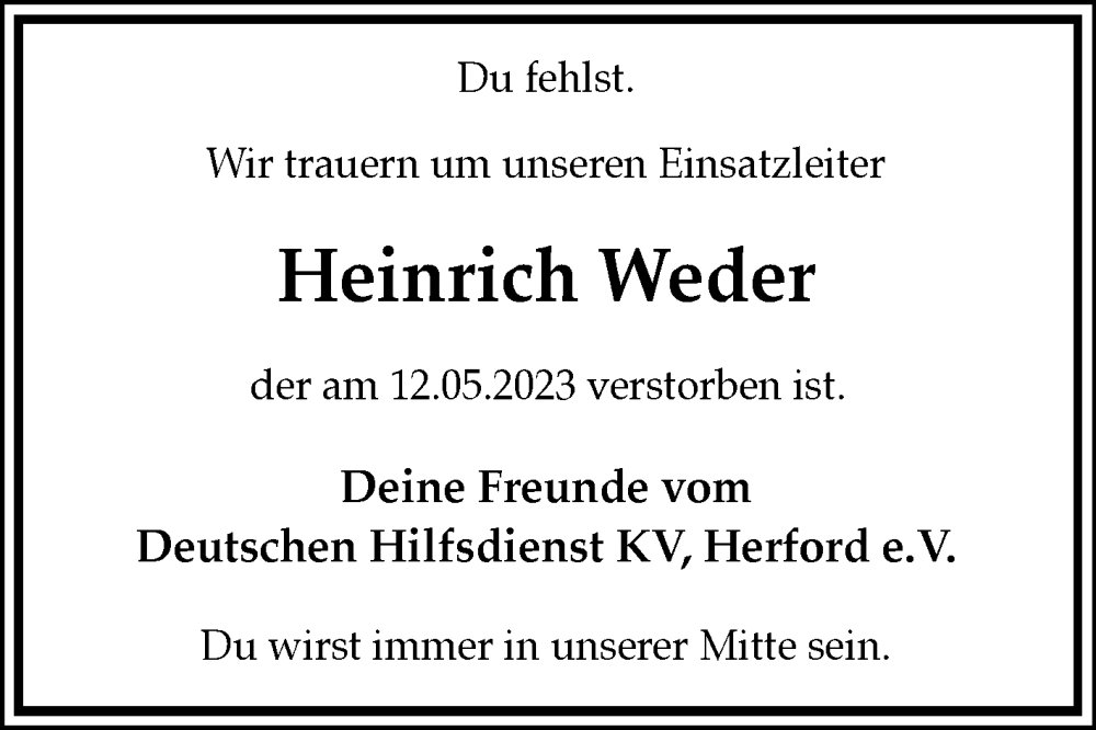  Traueranzeige für Heinrich Weder vom 27.05.2023 aus Westfalen-Blatt
