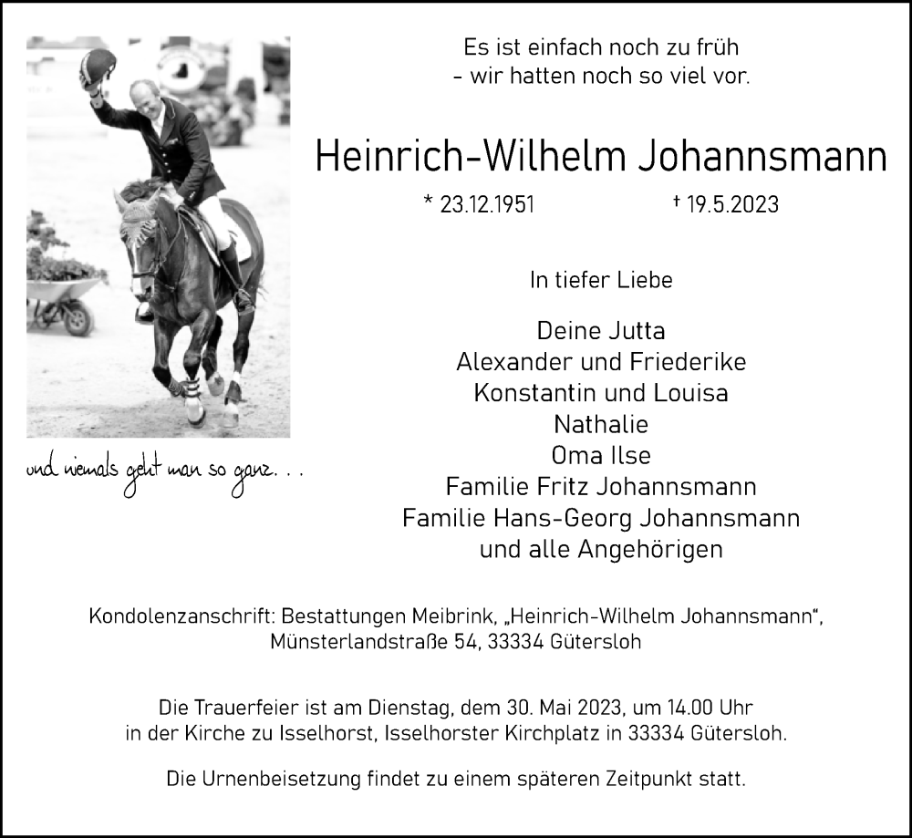  Traueranzeige für Heinrich-Wilhelm Johannsmann vom 27.05.2023 aus Westfalen-Blatt