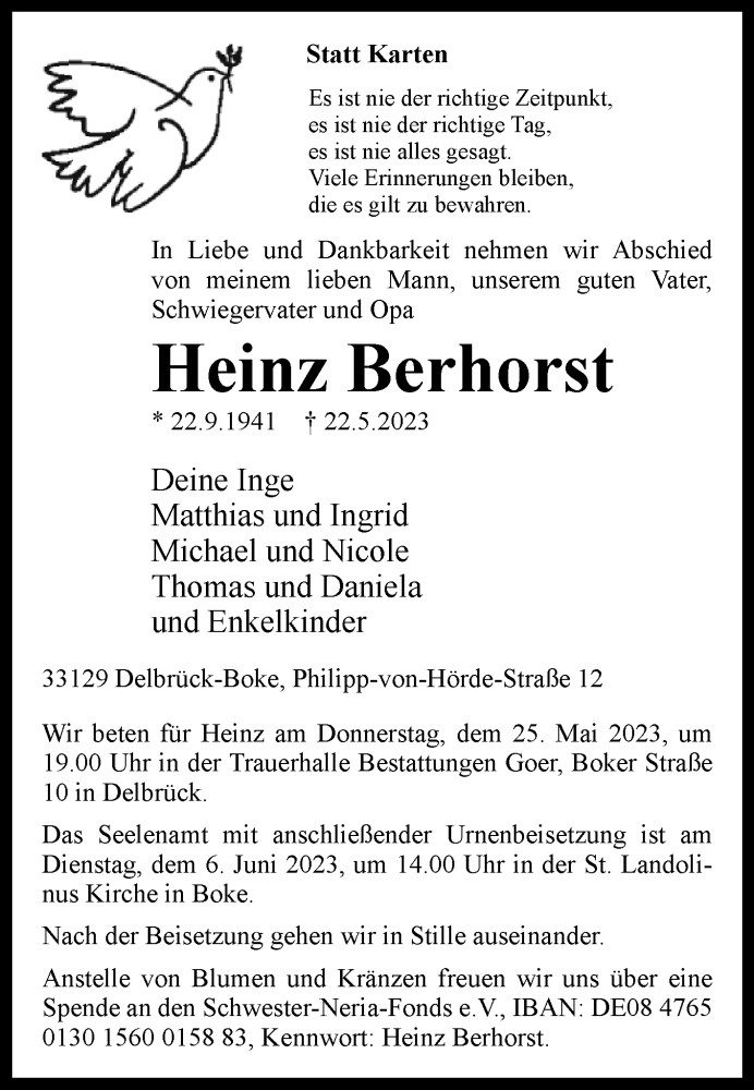  Traueranzeige für Heinz Berhorst vom 24.05.2023 aus Westfalen-Blatt