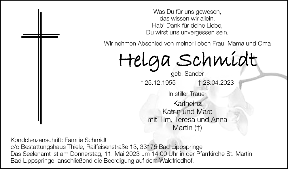  Traueranzeige für Helga Schmidt vom 06.05.2023 aus Westfalen-Blatt
