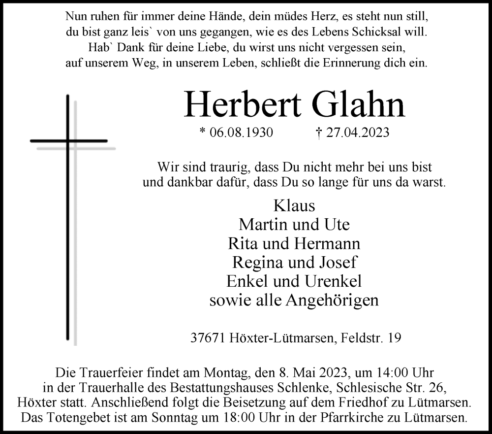  Traueranzeige für Herbert Glahn vom 05.05.2023 aus Westfalen-Blatt