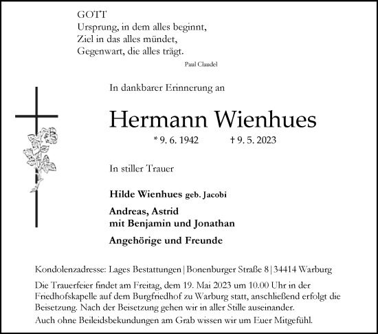 Traueranzeige von Hermann Wienhues von Westfalen-Blatt