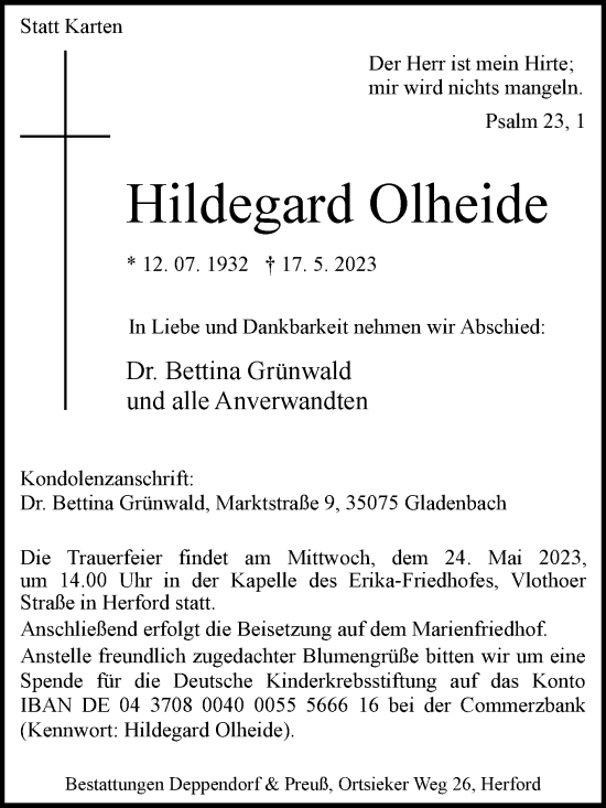 Traueranzeige von Hildegard Olheide von Westfalen-Blatt