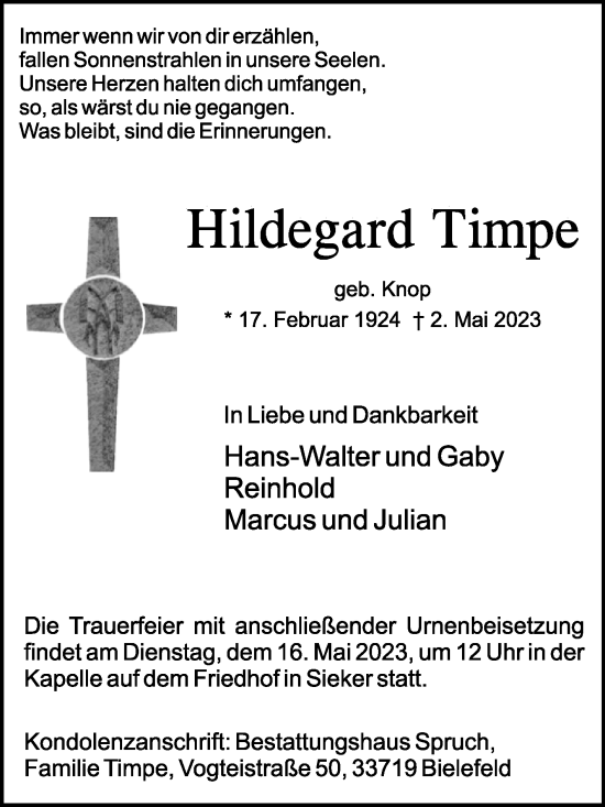 Traueranzeige von Hildegard Timpe