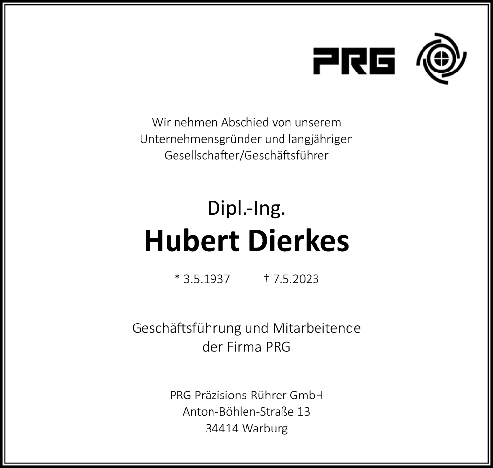  Traueranzeige fÃ¼r Hubert Dierkes vom 13.05.2023 aus Westfalen-Blatt