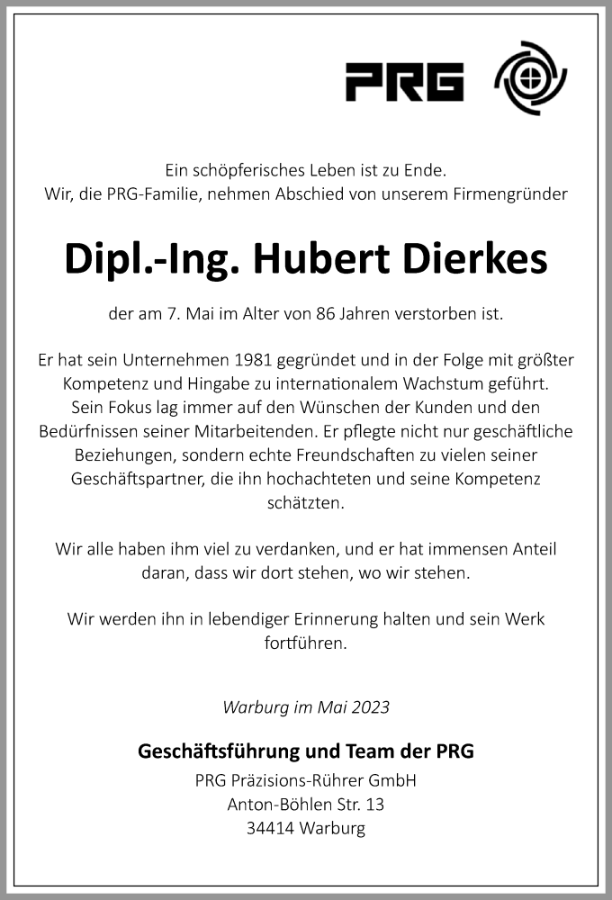  Traueranzeige fÃ¼r Hubert Dierkes vom 17.05.2023 aus Westfalen-Blatt