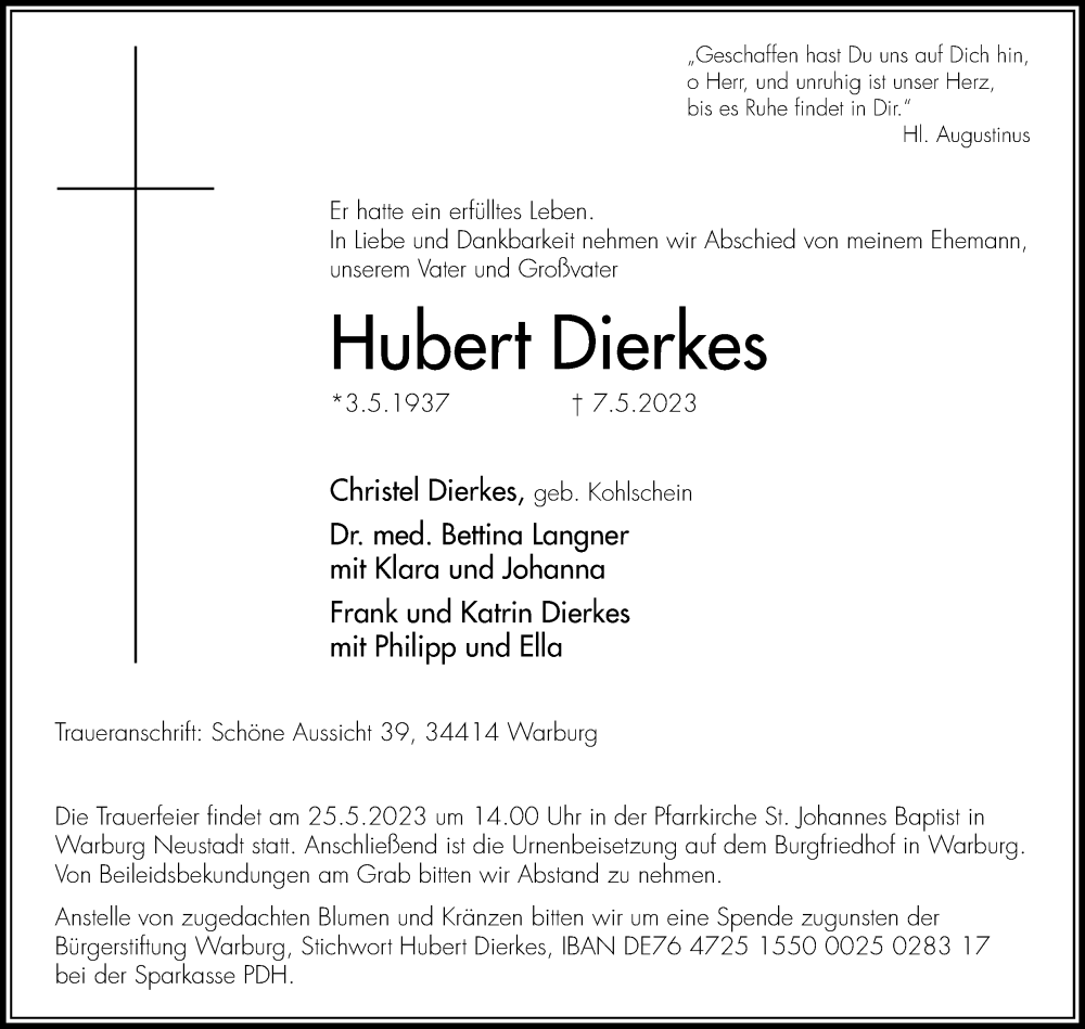  Traueranzeige fÃ¼r Hubert Dierkes vom 13.05.2023 aus Westfalen-Blatt