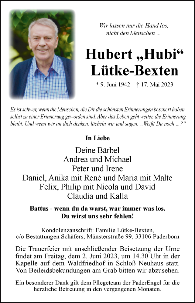  Traueranzeige für Hubert Lütke-Bexten vom 27.05.2023 aus Westfalen-Blatt