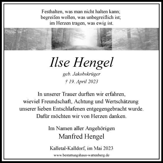 Traueranzeige von Ilse Hengel von Westfalen-Blatt