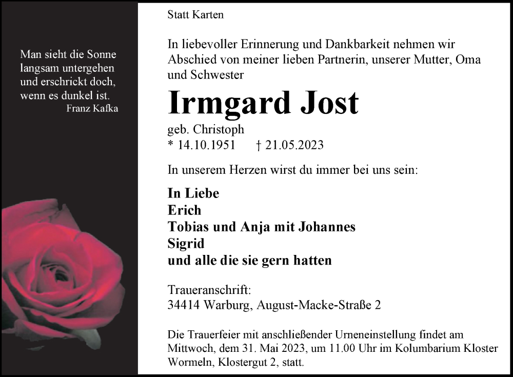  Traueranzeige für Irmgard Jost vom 27.05.2023 aus Westfalen-Blatt
