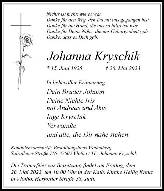 Traueranzeige von Johanna Kryschik von Westfalen-Blatt