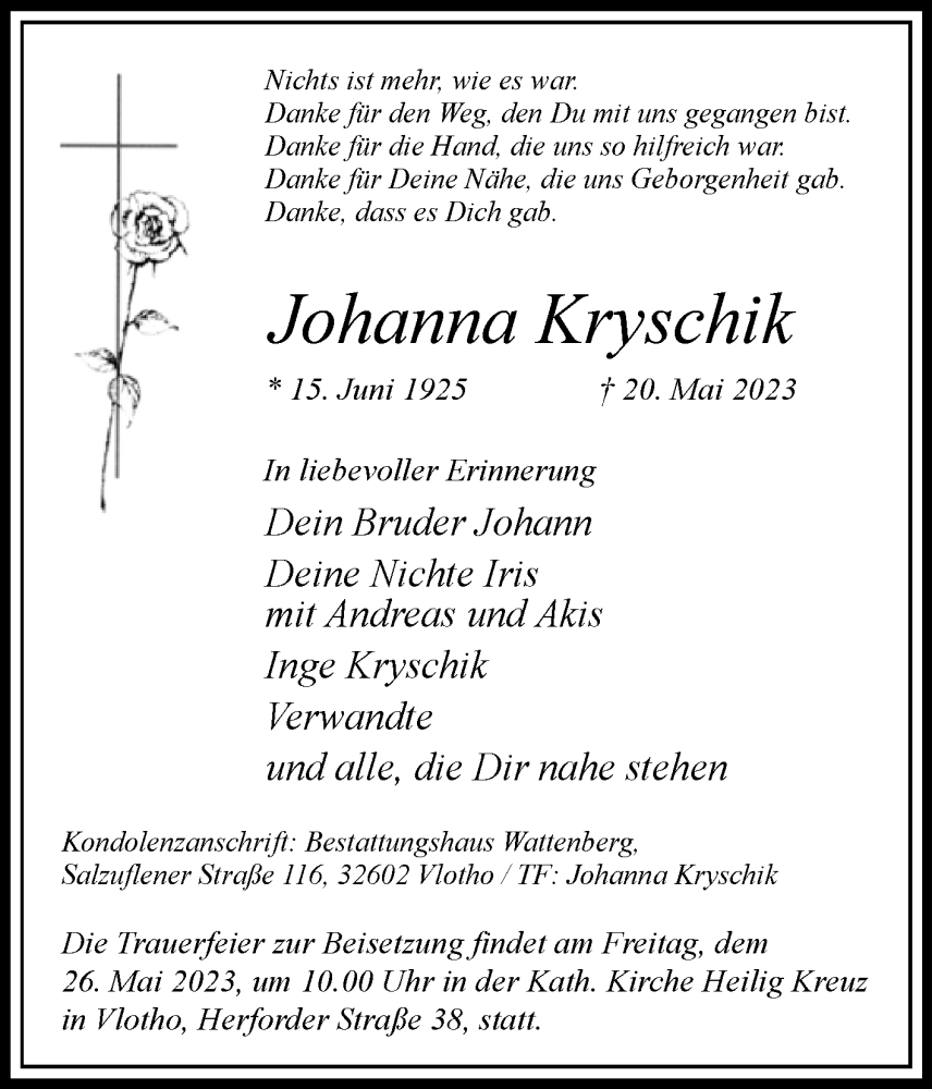  Traueranzeige für Johanna Kryschik vom 24.05.2023 aus Westfalen-Blatt