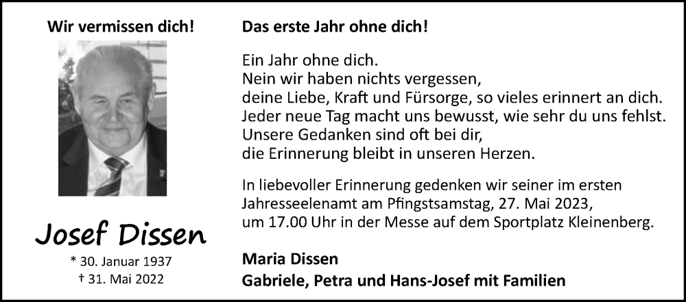  Traueranzeige für Josef Dissen vom 20.05.2023 aus Westfalen-Blatt