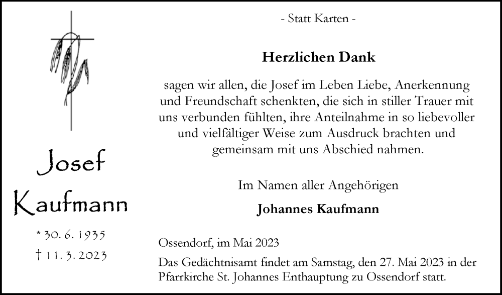  Traueranzeige für Josef Kaufmann vom 20.05.2023 aus Westfalen-Blatt