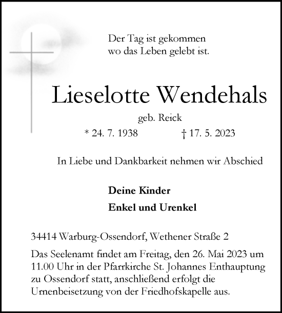 Traueranzeige von Lieselotte Wendehals von Westfalen-Blatt