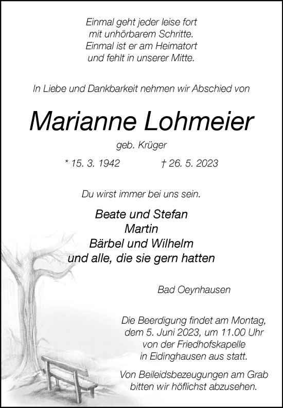 Traueranzeige von Marianne Lohmeier von Westfalen-Blatt