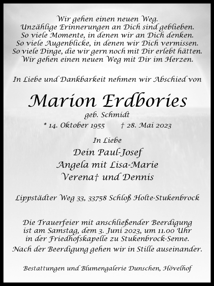  Traueranzeige für Marion Erdbories vom 31.05.2023 aus Westfalen-Blatt