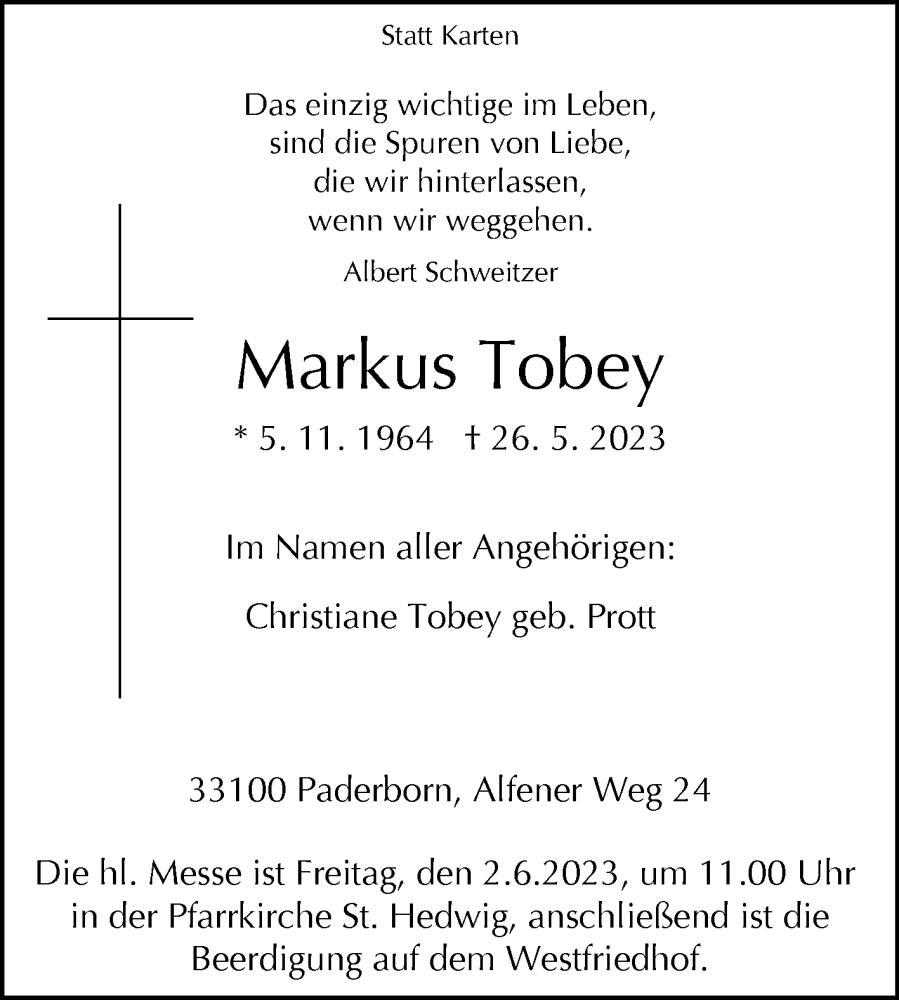 Traueranzeige für Markus Tobey vom 31.05.2023 aus Westfalen-Blatt