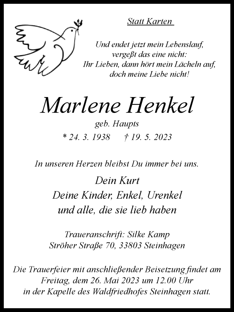  Traueranzeige für Marlene Henkel vom 24.05.2023 aus Westfalen-Blatt