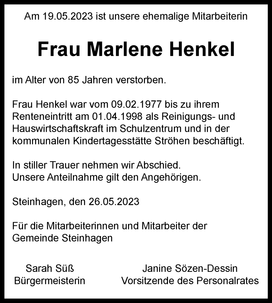  Traueranzeige für Marlene Henkel vom 26.05.2023 aus Westfalen-Blatt