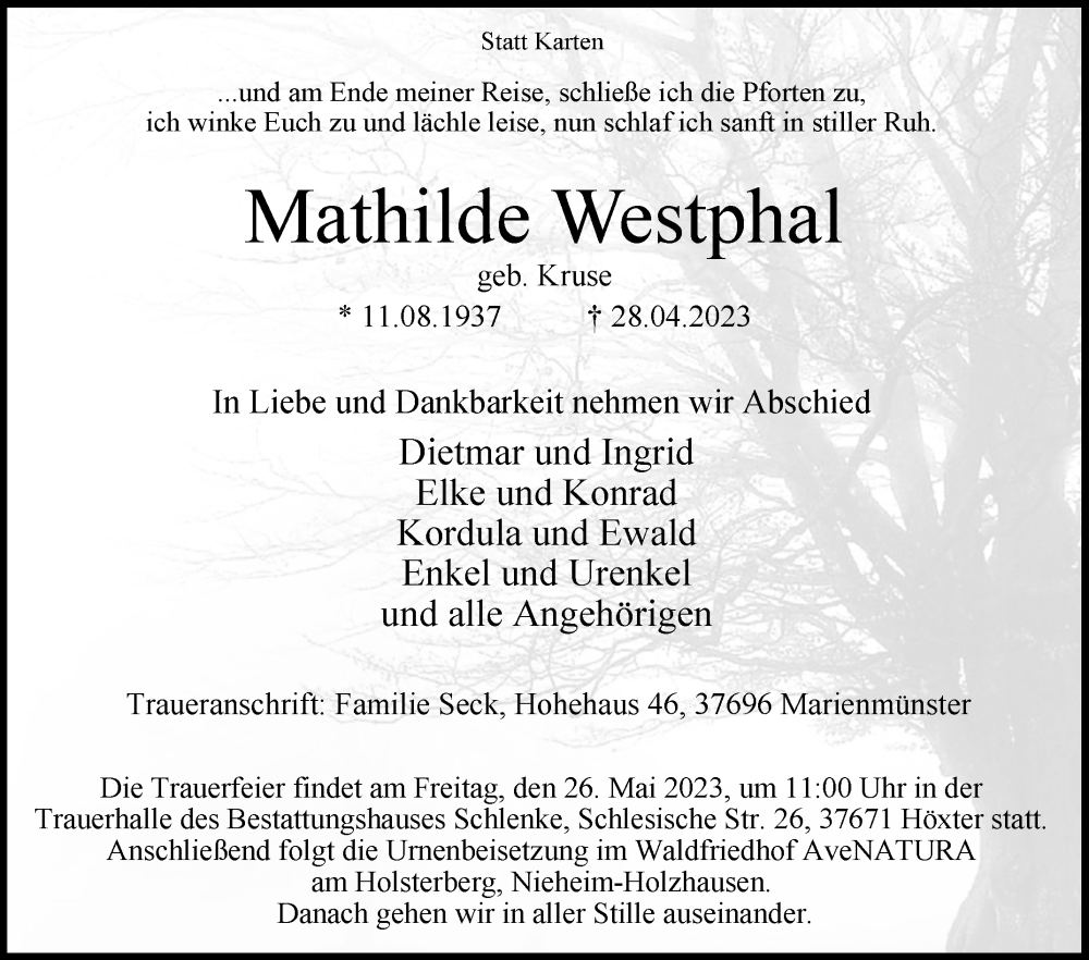  Traueranzeige für Mathilde Westphal vom 20.05.2023 aus Westfalen-Blatt
