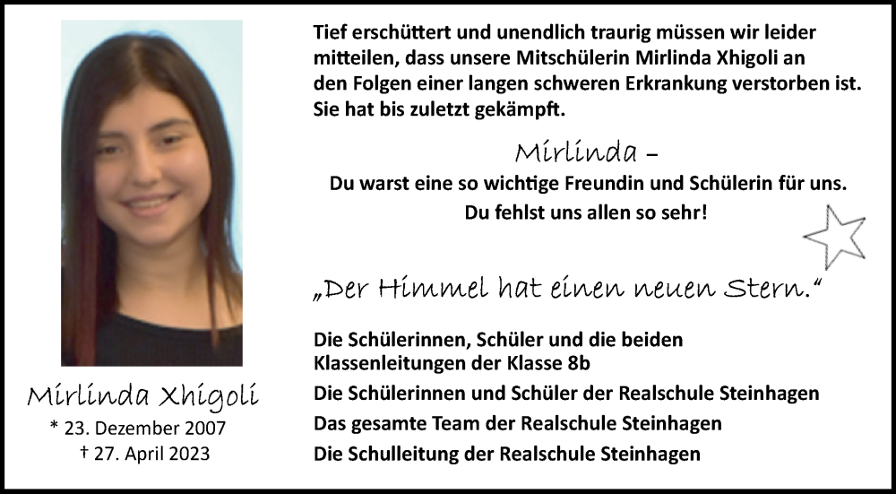  Traueranzeige für Mirlinda Xhigoli vom 20.05.2023 aus Westfalen-Blatt