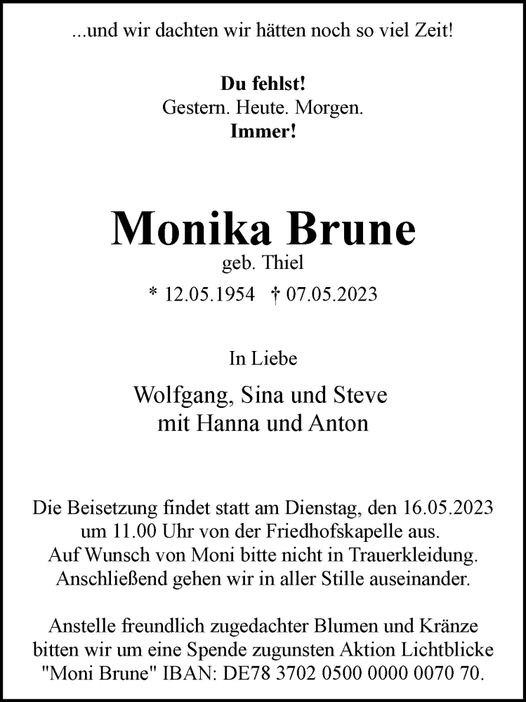  Traueranzeige für Monika Brune vom 13.05.2023 aus Westfalen-Blatt