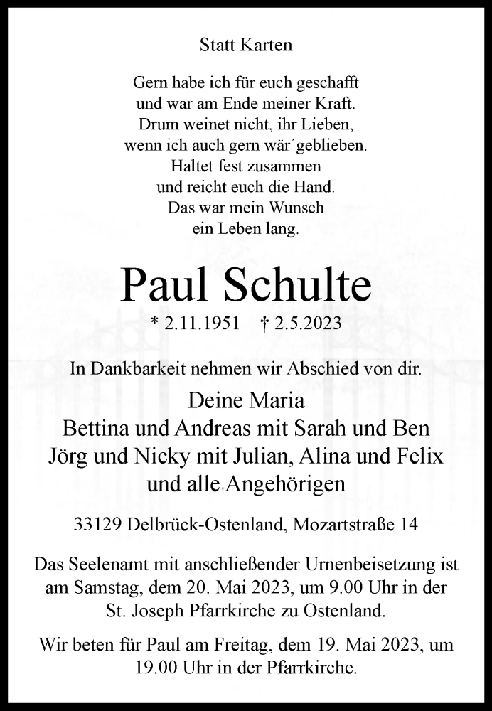  Traueranzeige für Paul Schulte vom 13.05.2023 aus Westfalen-Blatt