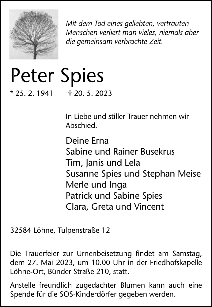  Traueranzeige für Peter Spies vom 25.05.2023 aus Westfalen-Blatt