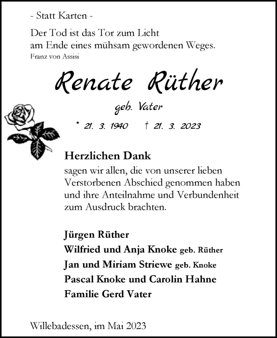 Traueranzeige von Renate Rüther von Westfalen-Blatt
