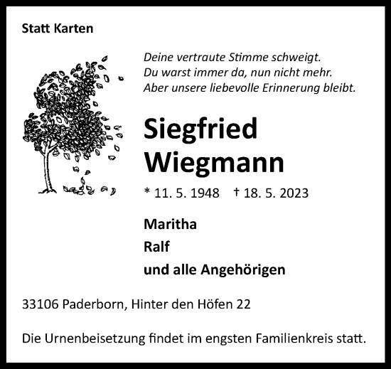 Traueranzeige von Siegfried Wiegmann von Westfalen-Blatt