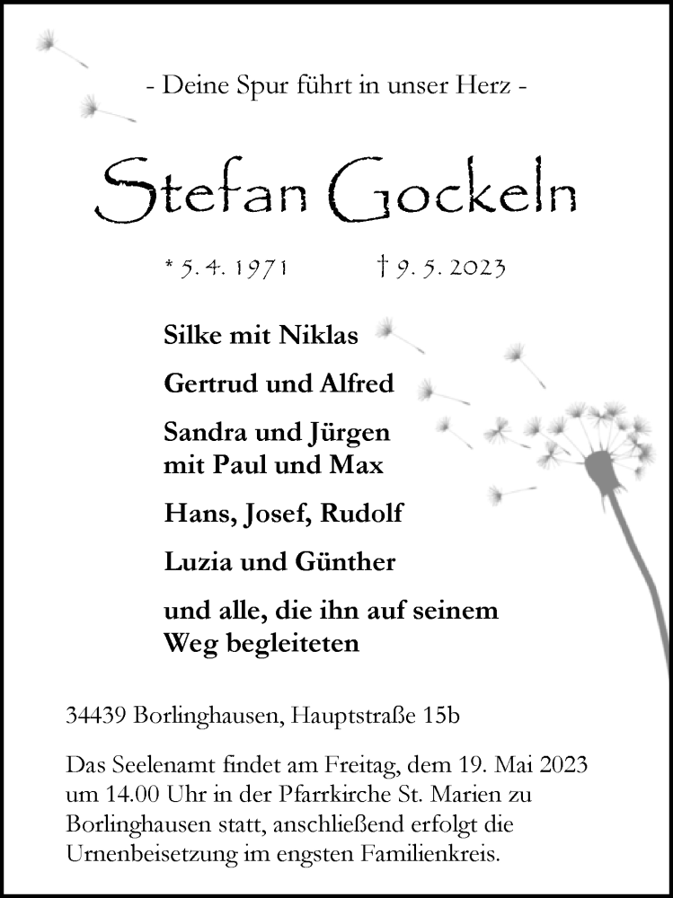  Traueranzeige für Stefan Gockeln vom 16.05.2023 aus Westfalen-Blatt