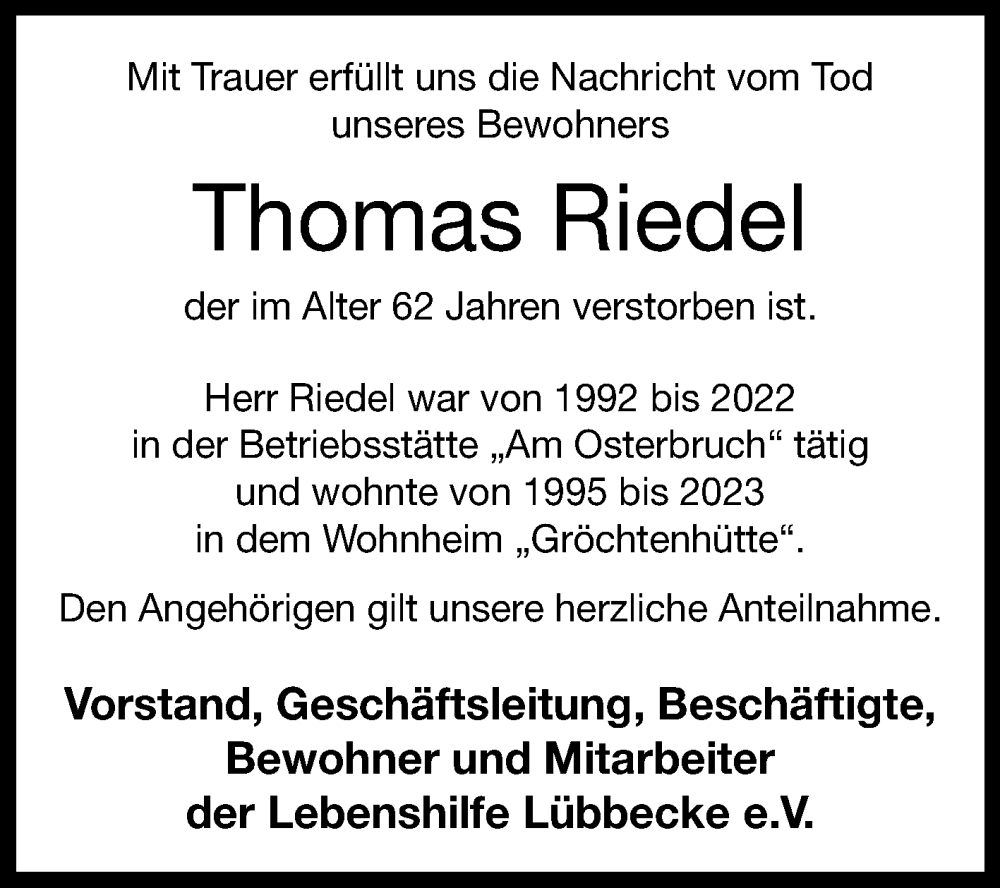 Traueranzeige für Thomas Riedel vom 26.05.2023 aus Westfalen-Blatt