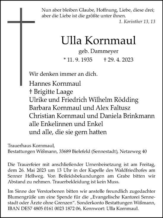 Traueranzeige von Ulla Kornmaul von Westfalen-Blatt