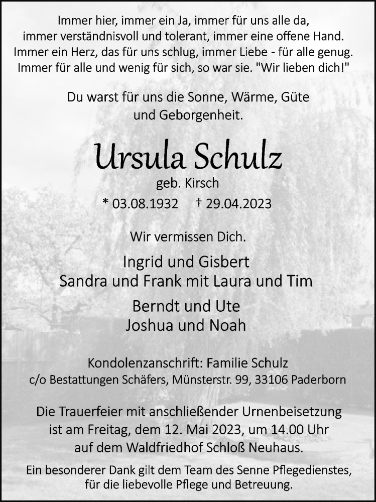  Traueranzeige für Ursula Schulz vom 06.05.2023 aus Westfalen-Blatt